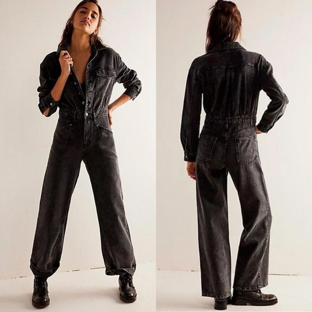 NWT Free People Touch The Sky Denim One Piece Coverall Jumpsuit Dark Cloud